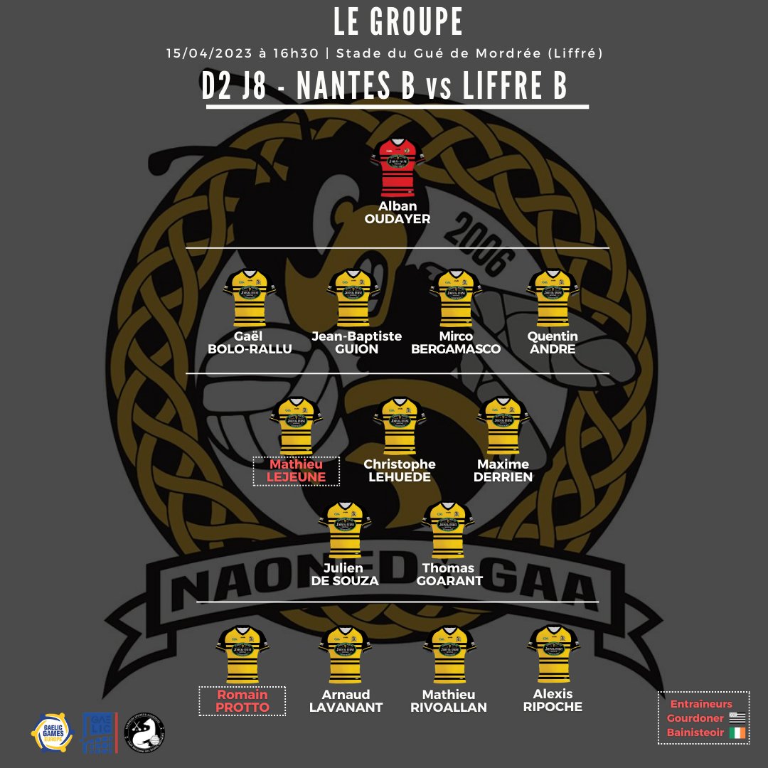 🏆Championnat de Bretagne D2 J8

Ce samedi nos abeilles de l'équipe B masculine ont RDV à Liffré pour affronter l'équipe B des Sangliers de <a href="/LiffreGAA/">US LIFFRÉ - FOOTBALL GAÉLIQUE</a> 

Nos joueurs auront à cœur de conserver leur 1e place du classement !

#gaa #breizh #naoned #gaelicfootball #Bzh