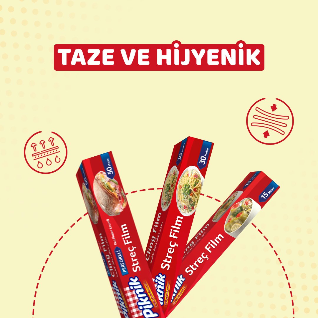 Piknik Streç Film:
✓ PVC yapısı sayesinde daha iyi esner,
✓ Yapışarak sarar,
✓ Her kullanımdan sonra eski haline kolayca döner,
✓ Kalın ve dayanıklı yapısı sayesinde yüksek performans gösterir.

#Piknik #PratikÇözümlerSunar #StreçFilm