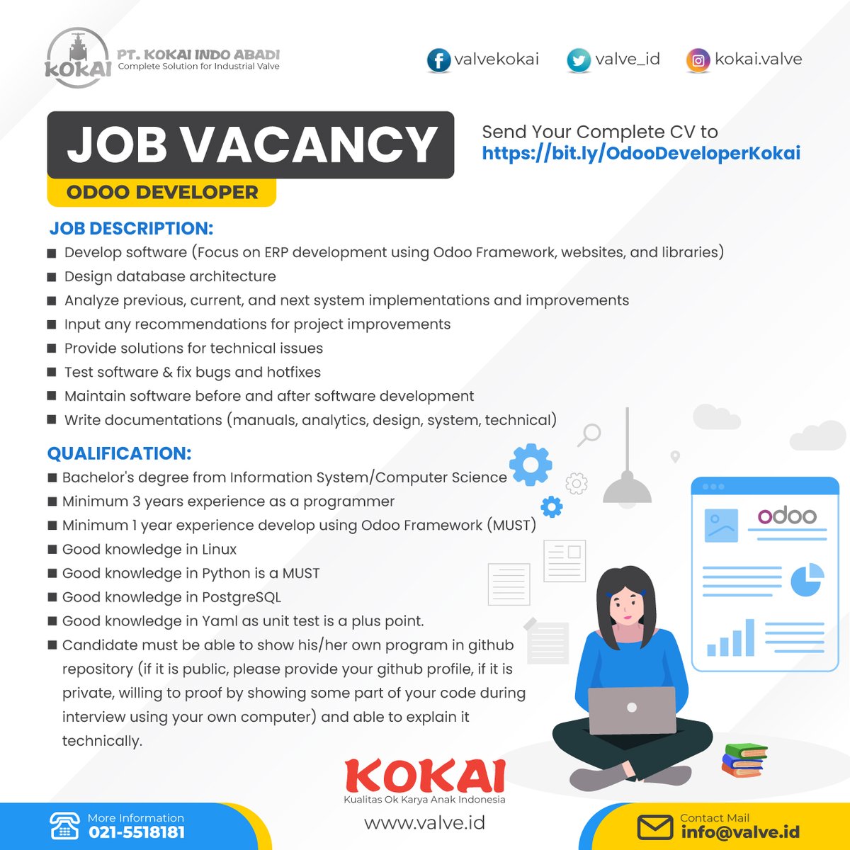 valve_id's tweet image. PT Kokai Indo Abadi sedang mencari Odoo Developer & Odoo Functional untuk bergabung dalam tim kami! Jika kamu berminat dan memiliki pengalaman dalam mengembangkan aplikasi menggunakan Odoo, segera kirimkan lamaranmu
#LowonganKerja #OdooDeveloper #OdooFunctional