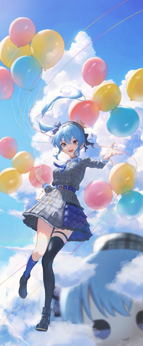 hoshimachi suisei 1girl blue hair hat blue eyes balloon solo thighhighs  illustration images