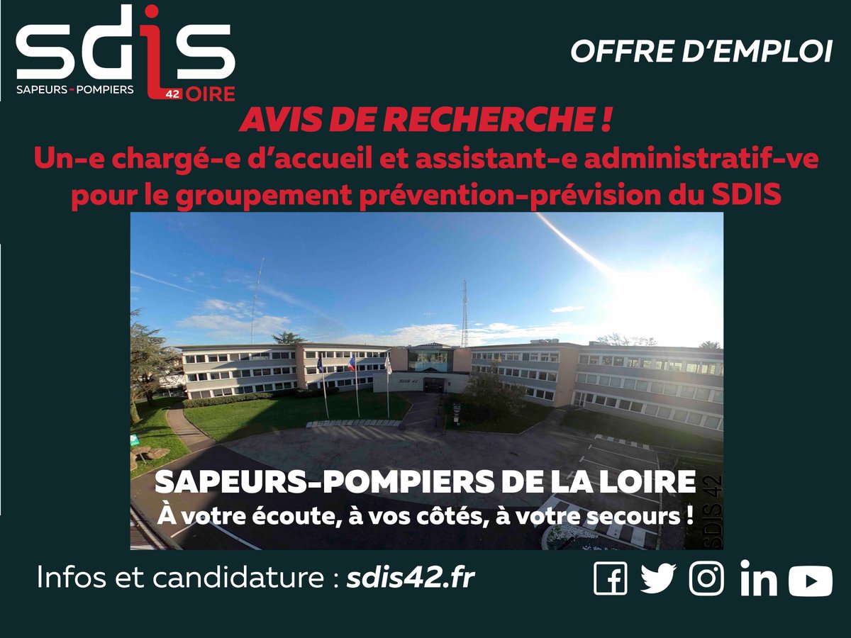 🆕Le #sdis42 recherche un-e chargé-e d'accueil et de gestion administrative pour le groupement de la prévention et de la prévision.
🔎Vous souhaitez rejoindre un établissement dynamique au service des secours des Ligériens?
+ d'infos et candidature 👉 sdis42.fr/offres-d%E2%80…