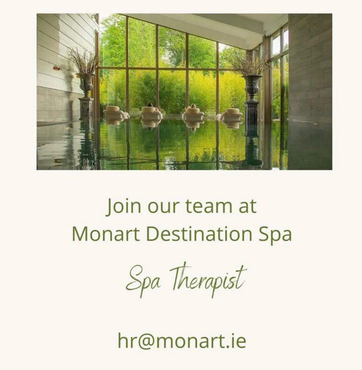 Join our team 🌟🌟🌟🌟🌟 We are recruiting a Spa Therapist. Email your cv to hr@monart.ie to join our award winning team #jobs #jobfairy #monartspa #monartjobs #spajobs