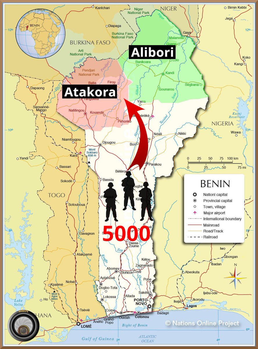 Wamaps_news's tweet photo. #Benin 🇧🇯 | 12/04, le gouvernement a annoncé le recrutement exceptionnel de 5 000 soldats pour repousser les attaques terroristes au Nord du pays à la frontière avec le #Burkina 🇧🇫 dans les régions d'#Atakora et #Alibori. https://t.co/v610rwdbuM