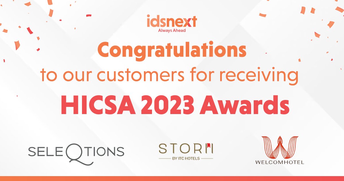 IDS Next extends its warmest congratulations to our customers Devi Ratn Jaipur - #IHCL SeleQtions, WelcomHotel Jim Corbett - ITC and Storii Shanti Morada for receiving #HICSA2023 awards!