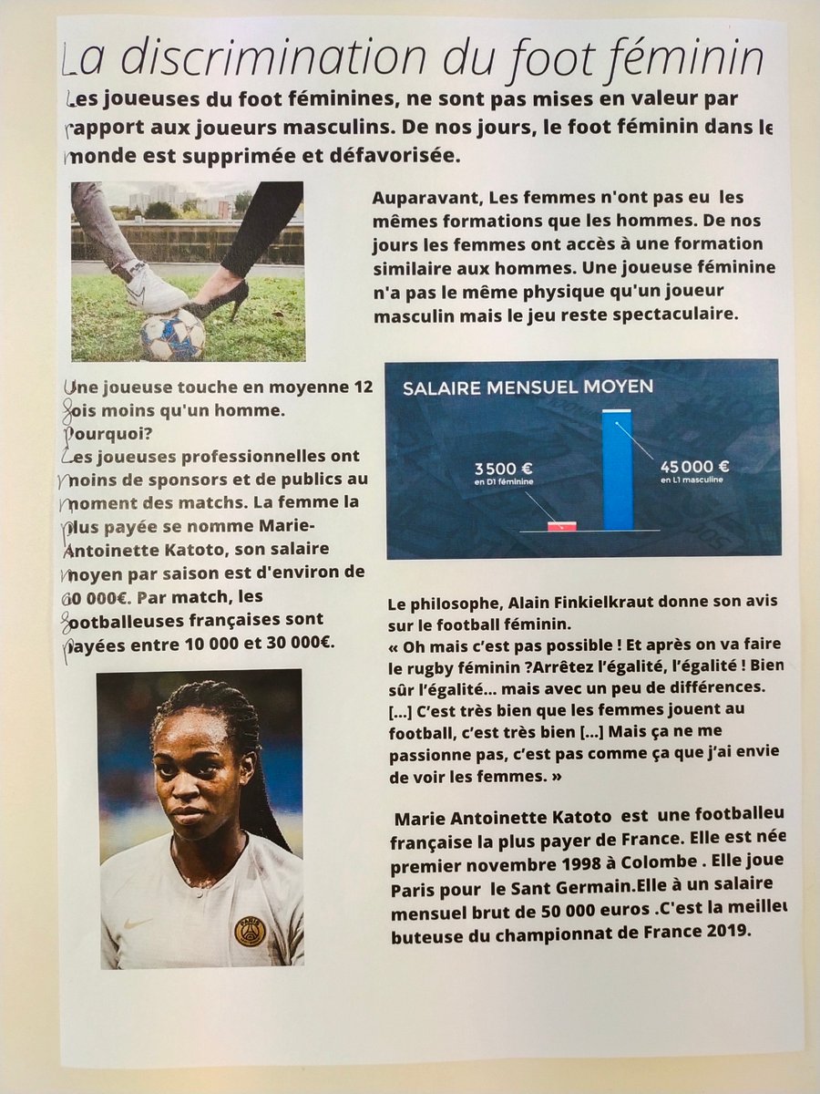 4eFantastiques's tweet photo. Misha, Noa, Chloé et Yaël, élèves en 4e Parks proposent dans leur journal Sports Actu de s'intéresser à la question de la discrimination dans le monde du football féminin.  
#pédagogie #football #médias #Francais https://t.co/OaHRiZ5kG2