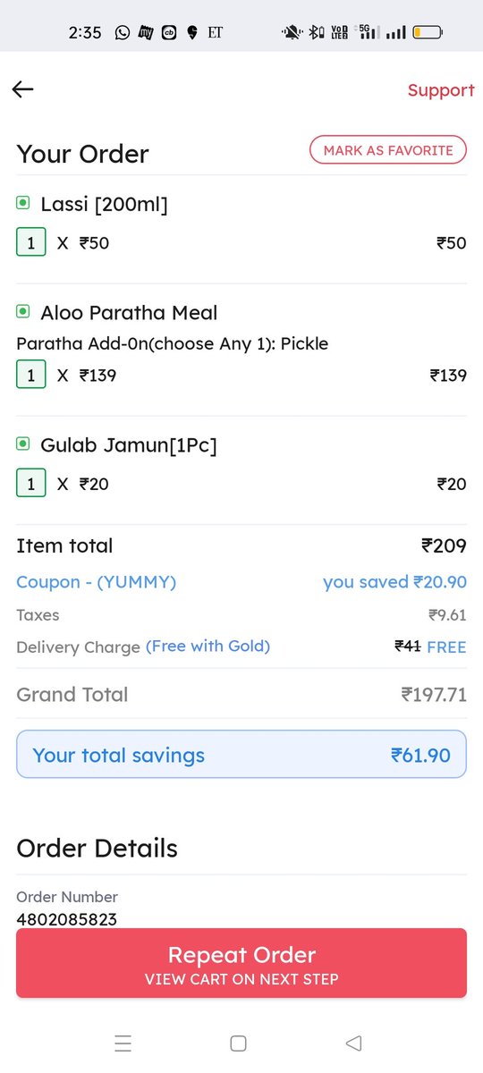 Prashr96's tweet photo. @zomatocare The order number is 4802085823. Enclosed screenshot from Zomato app https://t.co/rT4bCsdQZr