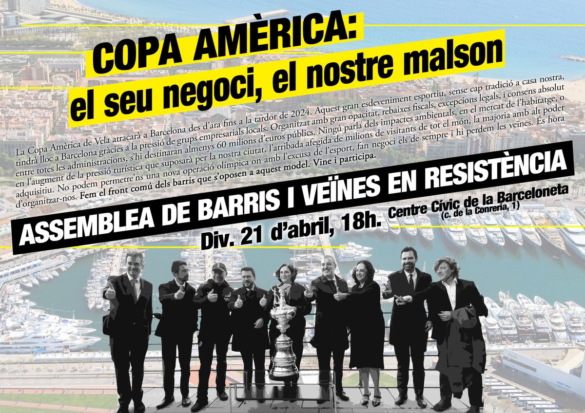 Ens organitzem per parlar del que ningú parla de la Copa Amèrica: els impactes ambientals i en el mercat de l’habitatge, l’augment de la pressió turística, l’expulsió de veïnes, i serà d’ara fins a la tardor del 2024! Ens trobem el divendres 21!
#StopCopaAmèrica #NoEnElNostreNom