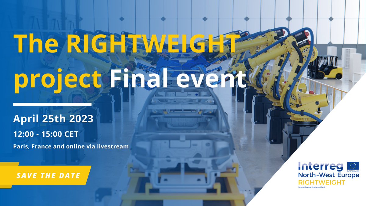 Save the date for the RIGHTWEIGHT final event! 🚨

The RIGHTWEIGHT project will host its final event on April 25th from 12:00 - 15:00 in Paris alongside project partners.

More details will be announced soon as to how you can watch the event online and the agenda for the day.
