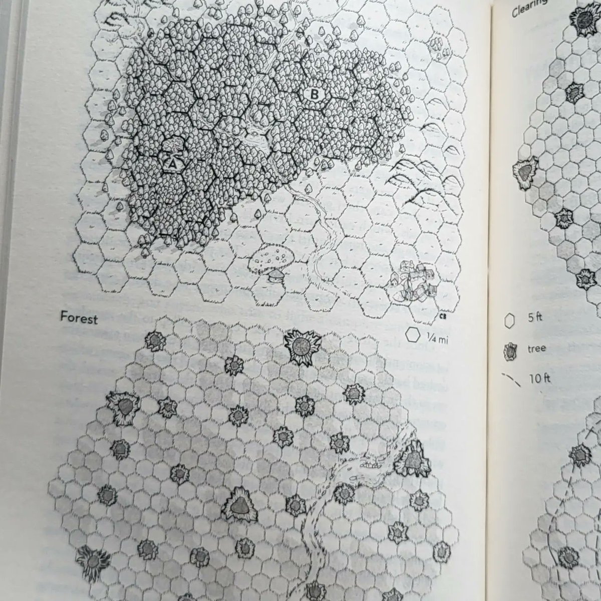 ChloeTheCartog's tweet image. It’s a mini hex crawl of the area around the lair. I don’t like grids that aren’t part of the map, so I attempted to weave the grid amongst the trees and used a grass hex grid, which I think works quite well. #wildernessmap #hexmap 2/3