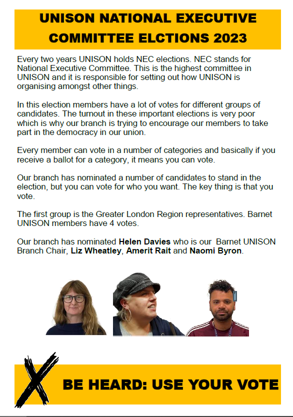 barnet_unison's tweet photo. Use Your Vote in the #UNISONNECElections2023
#CostOfLivingCrisis #No2LowPay #No2Privatisation
https://t.co/yMOC1h7CLL https://t.co/FzZ83WVMvD