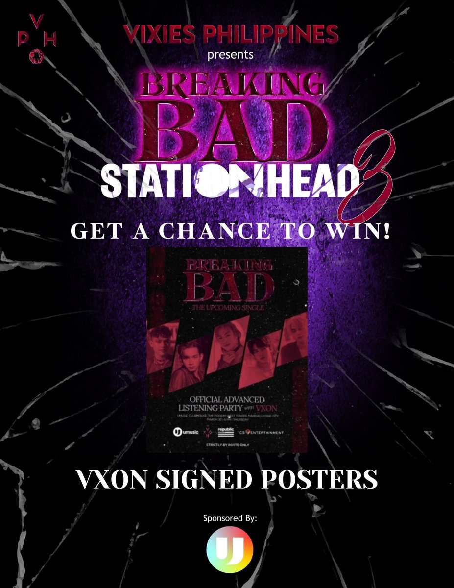vixiesph's tweet photo. [STATIONHEAD GIVE AWAYS] 🥳

Join us tonight 8:00 PM at @STATIONHEAD for a chance to win VXON BREAKING BAD SIGNED POSTER.

⤵️
https://t.co/dETfniNvqP

We prepared more surprises so stay tuned. 
 Sponsored by: @UMUSICPH

#VXON_BreakingBad  @vxonofficial https://t.co/KUeiPcpeqY