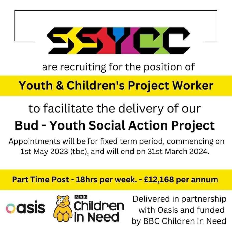 ss_ycc's tweet photo. READVERTISEMENT

1 x Youth &amp; Children’s Project Worker (18hrs)

We are delighted to be recruiting some new team members.
Applications are available by contacting management@ssycc.org.uk.

Deadline: Monday 17th April @ 5pm. https://t.co/rc94bdpLoq