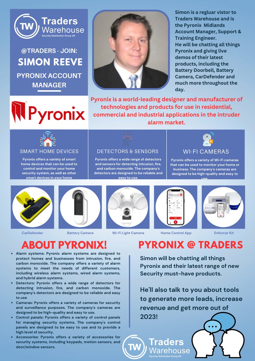 twsecuritydist's tweet image. Exciting news! Simon Reeve @pyronix, is visiting Traders, his visit is an opportunity for you to get an insight to discuss their new products and technologies!!
So come into Branch on Thurs 20th for a chat, food and the chance to win great prizes!! 😲 🥪 🏆
#Pyronix #Traders