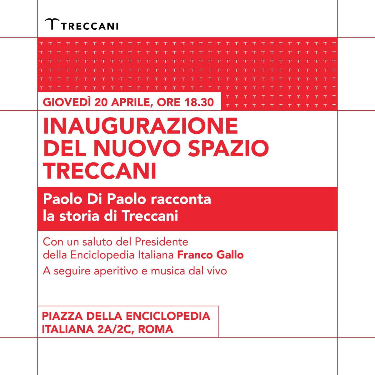 Giovedì 20 aprile Treccani inaugura il suo nuovo spazio a Roma, un luogo dedicato alla cultura, all'arte e alla lingua italiana! Vi aspettiamo in piazza della Enciclopedia Italiana 2A/2C dalle 18:30.