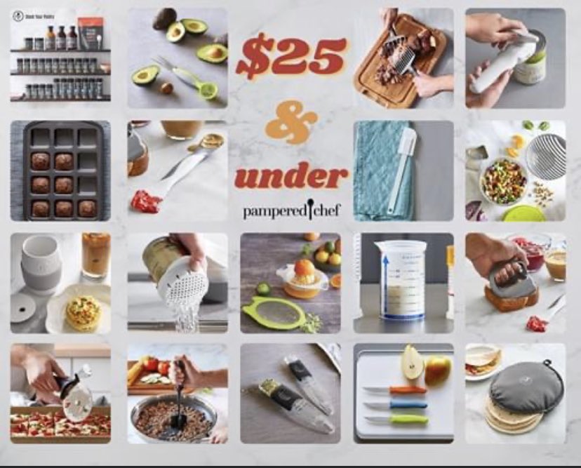 40% of Pampered Chef's catalog has items that are $25.00 or less!
There are some great items!
To order it, visit: pamperedchef.com/party/amr0411
#Springsale #kitchenorganization #cookingtools #cheftools #pans #plates #cuttingtools