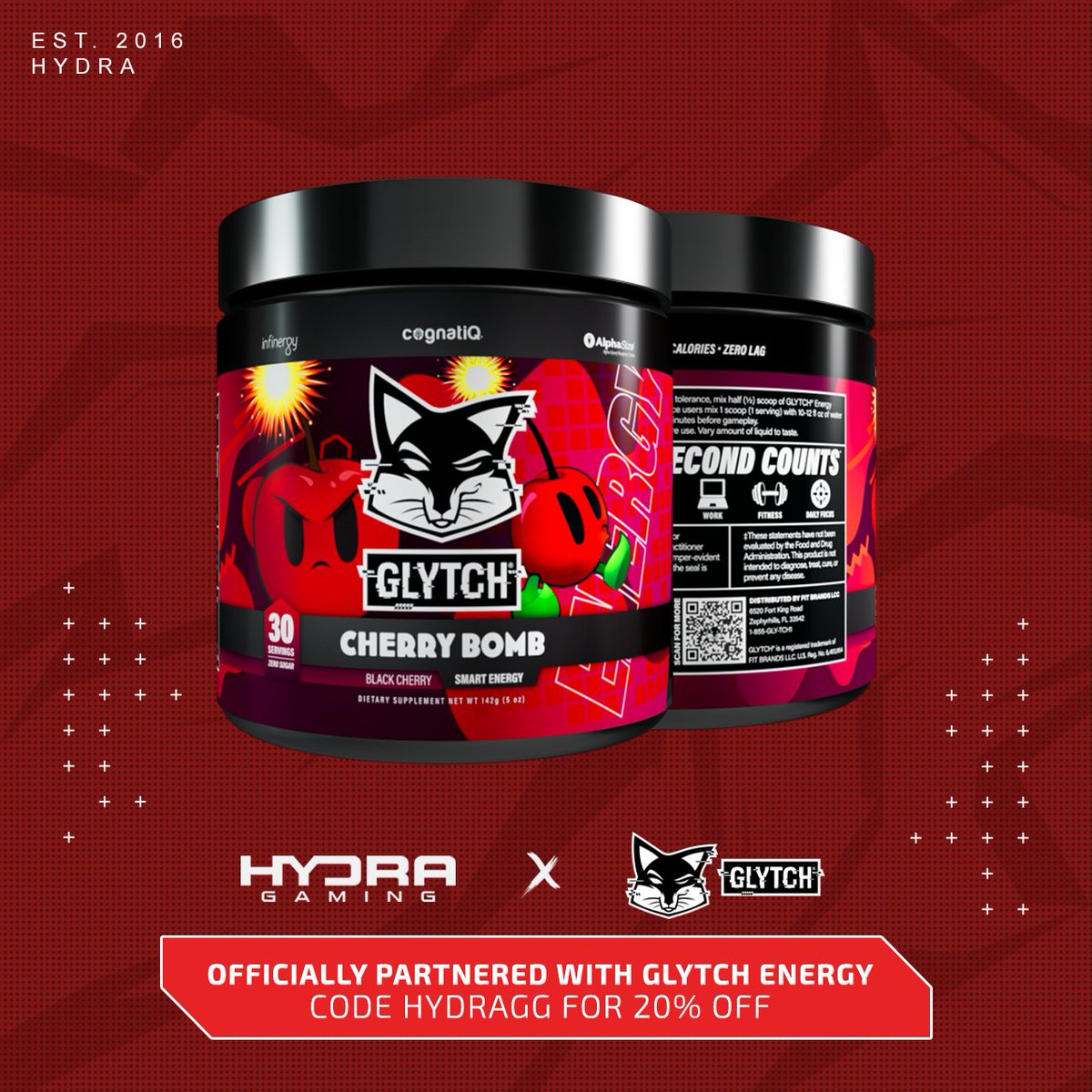 HydraNetworkNA's tweet photo. Took some time to fix but once again, just another "Glytch" in our system 😈

We are excited to announce our official partnership with @GLYTCHEnergy. You can now use code HYDRAGG for 20% off your next purchase 🥹