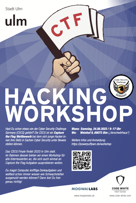 h0ng10's tweet photo. Im Rahmen des Cyber Security Challenge Germany (CSCG) Finales in #Ulm findet Ende Juni ein CTF-Einsteigerworkshop statt. Ideal für alle die schon einmal in das Thema #Cybersecurity / #CTF reinschnuppern wollen. Vielen Dank an
@ulm_donau
@c_s_c_g
@codewhitesec
@mogwailabs https://t.co/x6HkkcEQtS