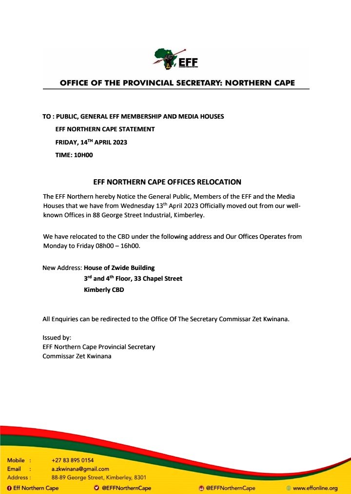 effnorthercape's tweet photo. ♦️OFFICES RELOCATION ♦️
Attention to Public, EFF Membership and Media Houses.
The EFFNC Offices have relocated to 33 Chapel Street. 3rd and 4th Floor House Of Zwide Building, Kimberley CBD.
#EFF10thAnniversary https://t.co/3xSGxlx1bK