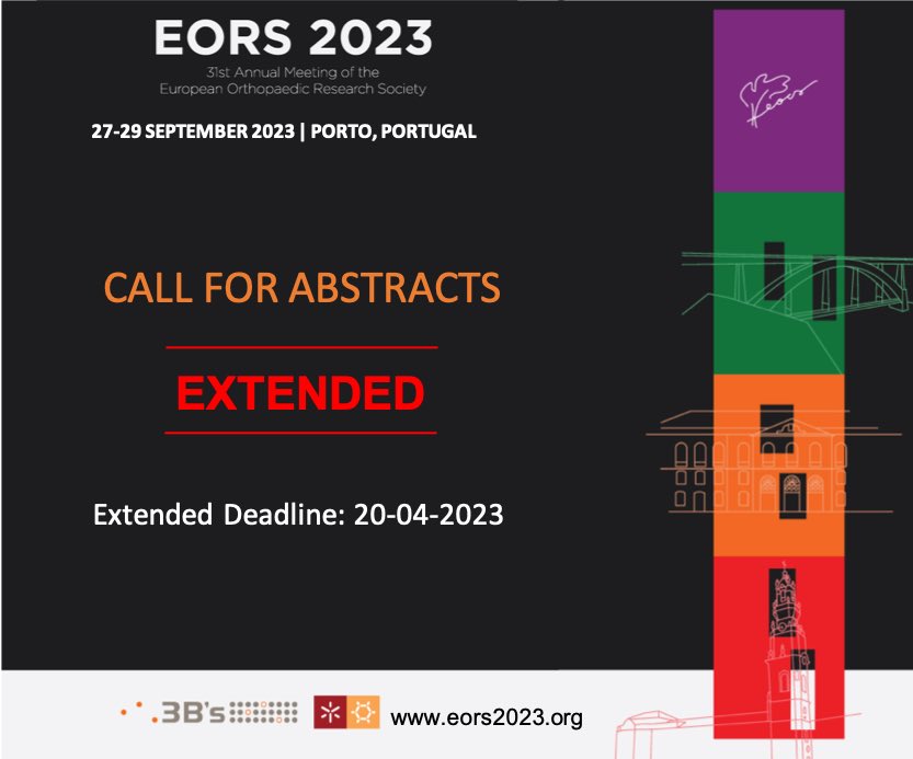 🔉 ABSTRACTS DEADLINE EXTENDED until April 20! 😀 Accepted abstracts: 👉🏼 Published in @BoneJointRes @BoneJointJ 👉🏼 Eligible to apply to EORS & @on_found Awards & Grants 👉🏼 Can submit paper to EORS23 Special Issue in Biomaterials & Biosystems Journal @ElsevierConnect