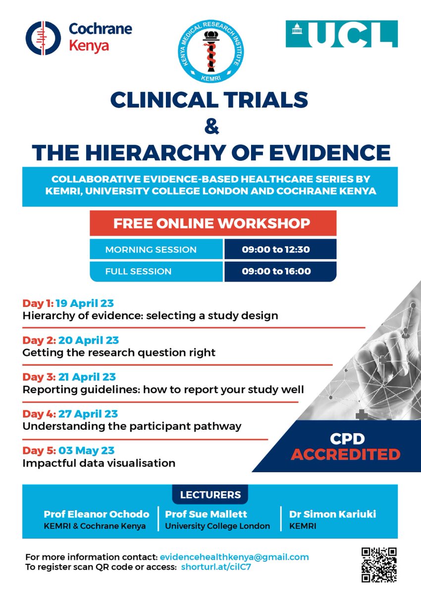were_lisa's tweet photo. Boost your knowledge on #evidencebasedmethods with our free online workshop.

Join Cochrane Kenya, UCL and Kenya Medical Research Institute (KEMRI)  for this experience.

Registration link:
https://t.co/BrCbHQCDwg

A QR code is also available at the bottom-right of the flier https://t.co/es3oCqyWBy
