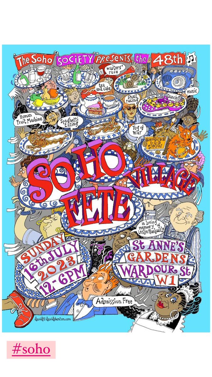 The #Soho Fete!✨🥳🐌🐕
Sunday 16th July, 12-6pm
St Anne’s Gardens, Wardour St❤️🙌
<a href="/davidshenton7/">david shenton</a>❤️ FREE: Racing waiters, snails, police vs. Fire tug of war, 6 hrs music, human fruit machine, splat the rat, French House Bar, spaghetti Eating,Dog Show, more tea Vicar &amp; raffle! #RT