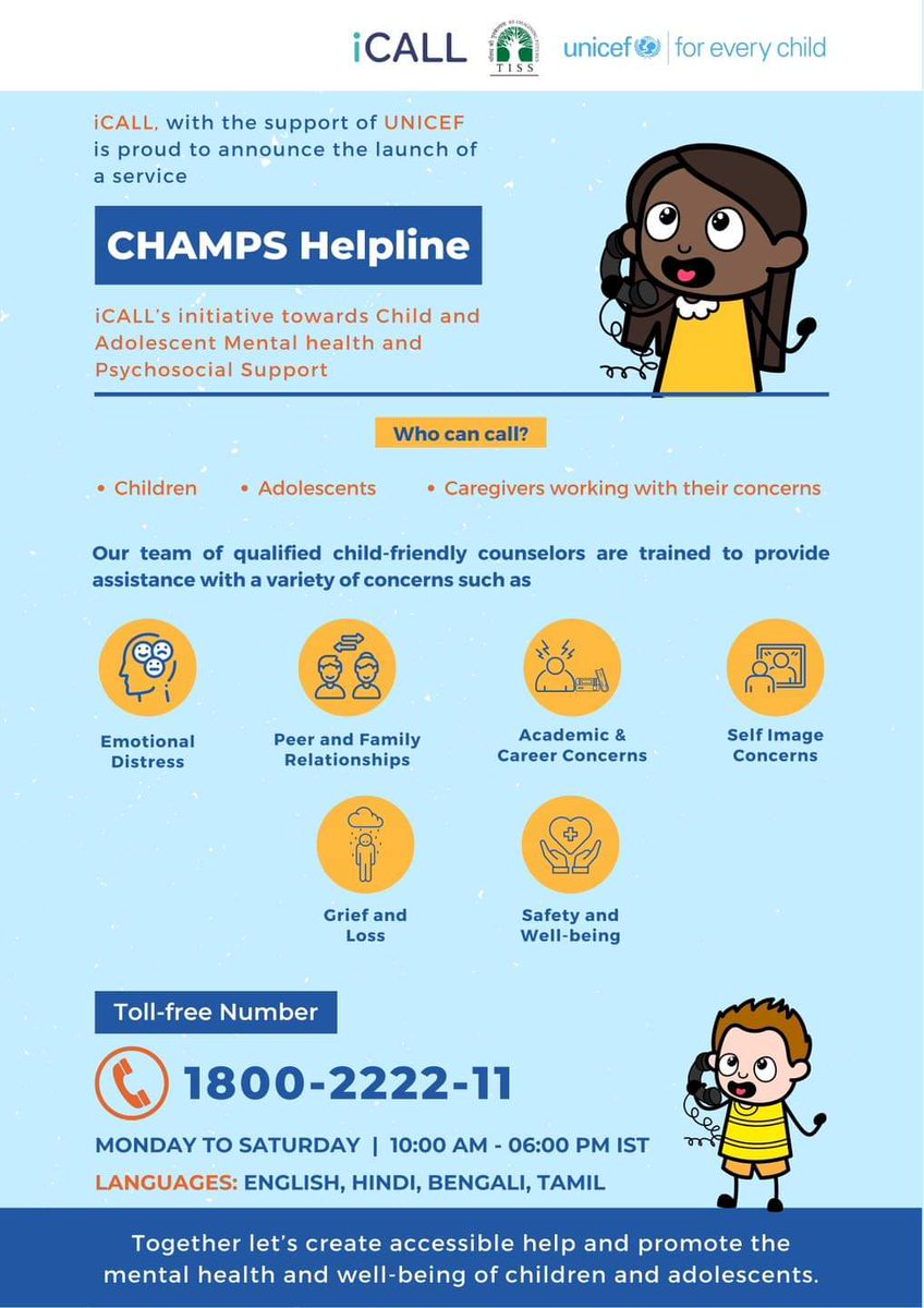 iCALL is delighted to announce the launch of its new services, CHAMPS, an initiative towards Child and Adolescent Mental health and Psychosocial sport. 

Let’s make mental health support accessible for all!

#TISS #TataInstituteOfSocialSciences #TISSMumbai