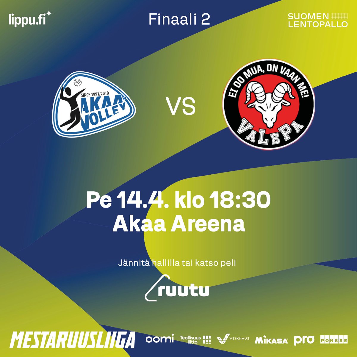 Seuraava finaalipäivä!

Miesten 2. <a href="/mestaruusliiga/">Mestaruusliiga</a> finaalin ilta. <a href="/AkaaVolley/">Akaa-Volley</a> vs <a href="/VaLePaSastamala/">VaLePaSastamala</a> klo 18:00

<a href="/RuutuUrheilu/">Ruutu Urheilu</a> kokoonpanomme tänään:

Selostamo <a href="/toniflink/">t໐ຖi fliຖk</a> + <a href="/OlliKuoksa/">Olli Kuoksa</a>

Studio <a href="/PanuMarkkanen/">Panu Markkanen</a> + Joni Mikkonen

Kuvataide <a href="/mpstrand/">Mape Ranta</a> &amp; co

#mestaruusliiga #lentopallo