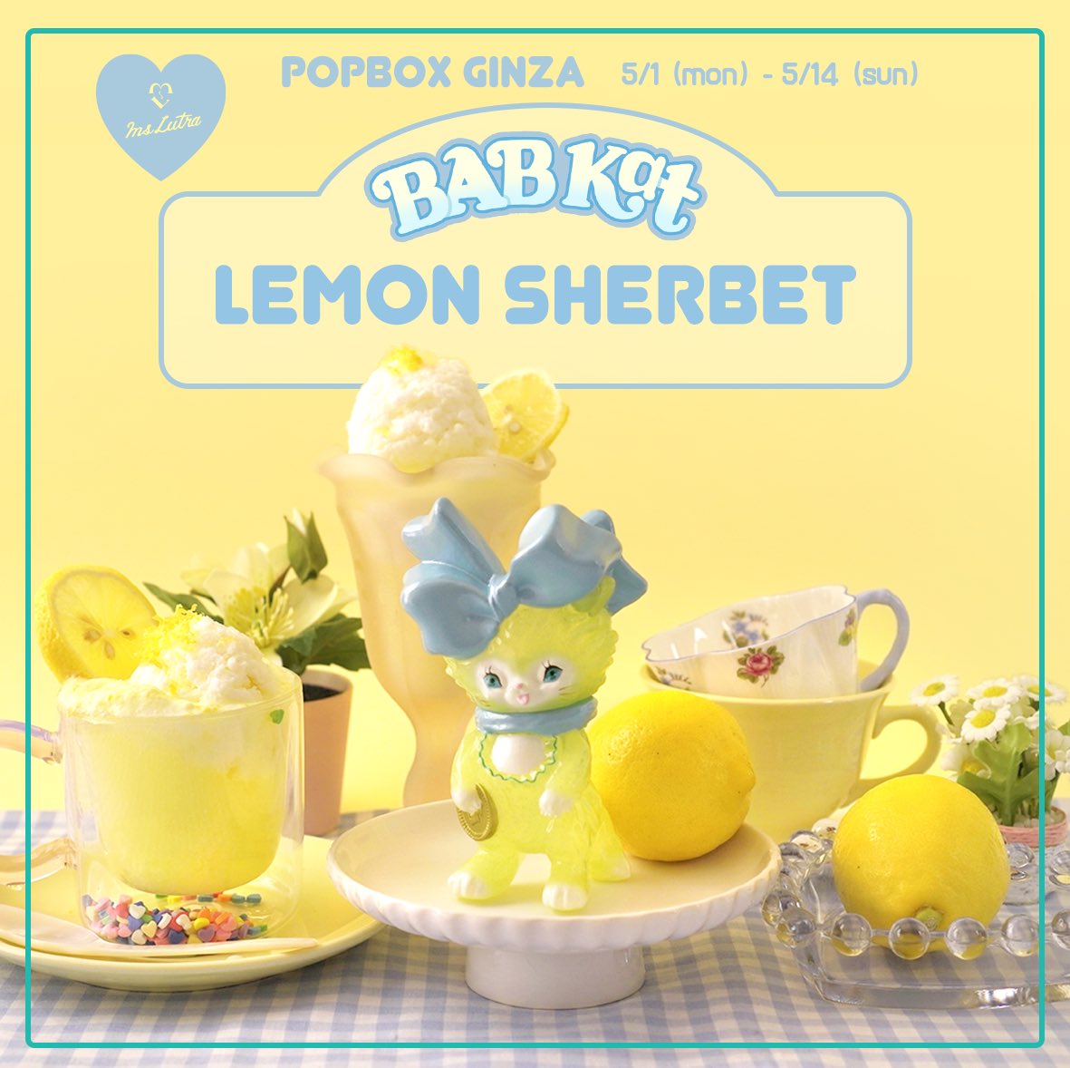 MsLUTRA's tweet image. #BABKat 新カラー「Lemon Sherbet」🍋💙

フレッシュな印象の半透明レモンイエローの体にはキラキラと繊細なラメが封入されています。
まるで夏の暑い日に食べるレモンシャーベット💙
おリボンはひんやりしたイメージでパール加工されたベイビーブルー♡

5/1から #POPBOX 銀座で販売します💙
#ソフビ