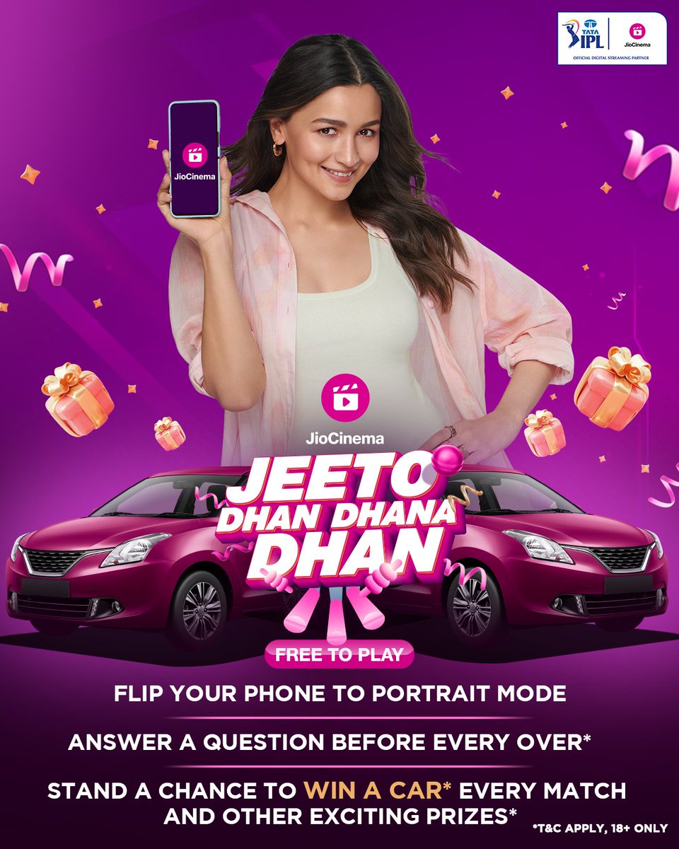 Watch #IPLonJioCinema &amp; stand a chance to win a brand new CAR every match 😍

Switch to portrait mode at the start of each over during each #TATAIPL match &amp; you could win BIG with #JeetoDhanDhanaDhan!

Catch all the #TATAIPL action on Jio 👉 LIVE &amp; FREE on @JioCinema