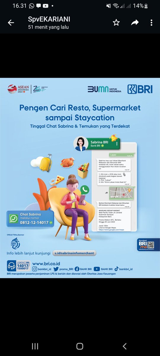 ytty2828's tweet photo. Bentar lagi udah mau lebaran nih tapi masih belum bukber sama kawan?
Gaperlu bingung, kalian bisa cek tempat bukber terdekat lewat Sabrina lho. Yuk gaskeunnn
#LokasiMerchantSabrinaBRI
#ROJAK2
#0139

Terima Kasih💫 https://t.co/7eoTlrOmYS
