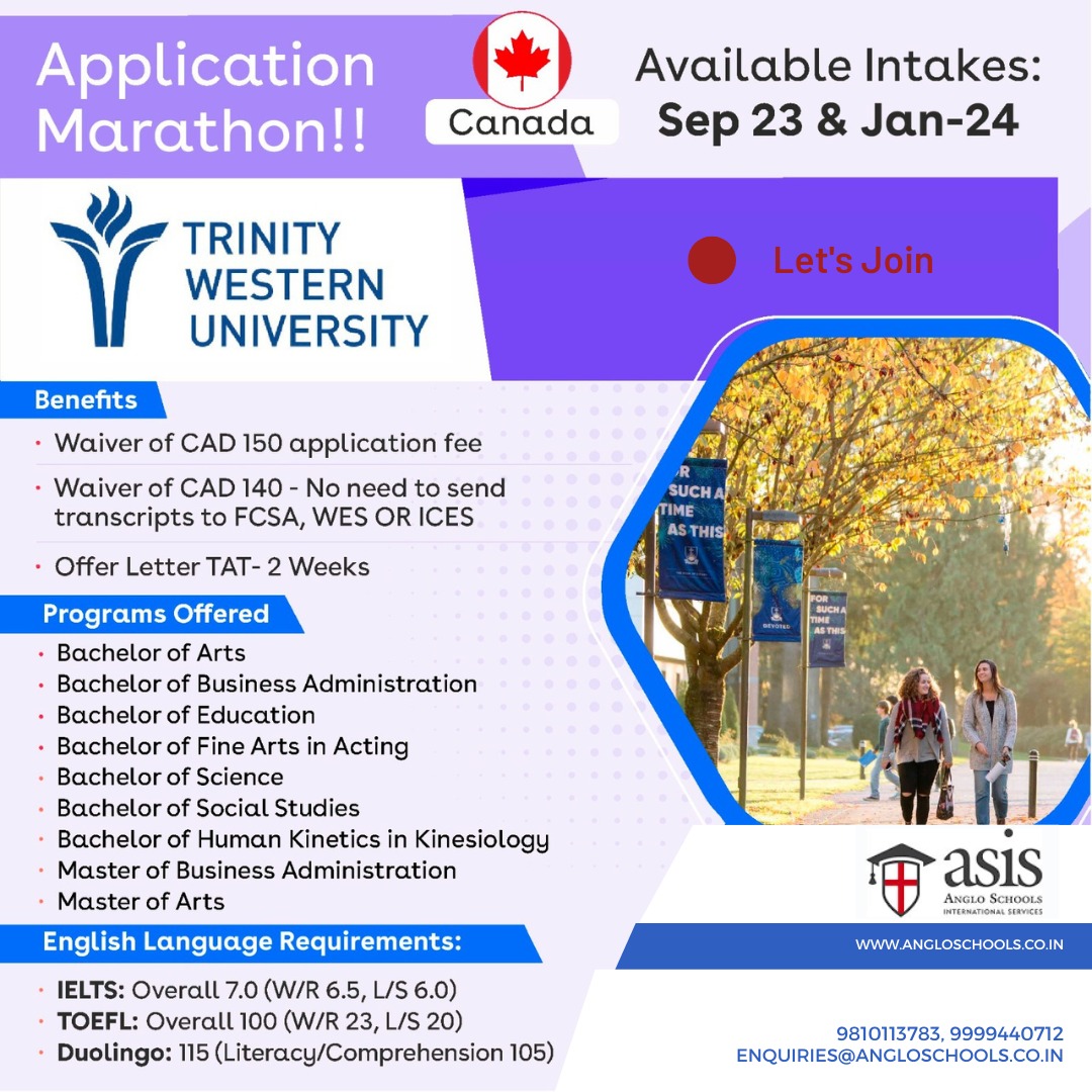 india_asis's tweet image. #TrinityWesternUniversity_2023_2024_Admissions.......✍️
STUDY IN CANADA l STUDY IN TRINITY WESTERN🧑‍🎓
📲 9810113783, 9999440712
📧 enquiries@angloschools.co.in
#studyprograms #offered
#studyincanada #applicationmarathon🕍 
#intakes2023_2024_intakes #internationalstudies