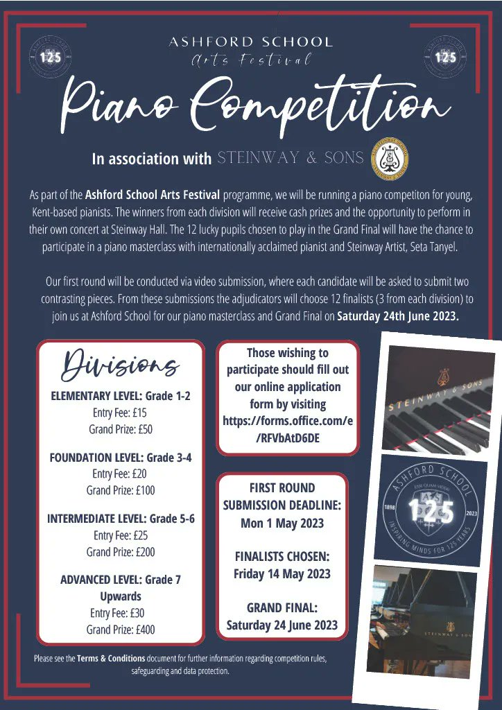 KentMusic's tweet photo. Our friends @AshfordSchool are holding their very first Arts Festival this summer, including a Piano Competition in association with Steinway &amp; Sons! 

The first submission deadline is May 1st. Find the T&amp;Cs here: https://t.co/sQYrmBTfSg 

Good luck! https://t.co/Z5jaX1NeI9