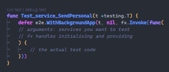Southclaws's tweet photo. the simplicity of writing #golang tests with Uber's fx library is such a productivity boost

basically, this automatically spins up only the required components (based on what arguments you pass) and then you can write a full integration test in seconds.

#buildinpublic https://t.co/mr4JW8wUmZ