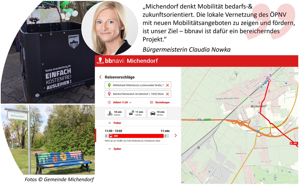 Michendorf liegt im Landkreis Potsdam-Mittelmark und ist eine der 10 #Pilotkommunen, die die Mobilitätsplattform <a href="/bbnavi_mobil/">bbnavi</a> anwenden. Zukunftsorientierte Mobilitätsangebote aus Michendorf wie die #Mitfahrbänke findet man in bbnavi. Mehr Infos: michendorf.de/seite/596842/m… *db
