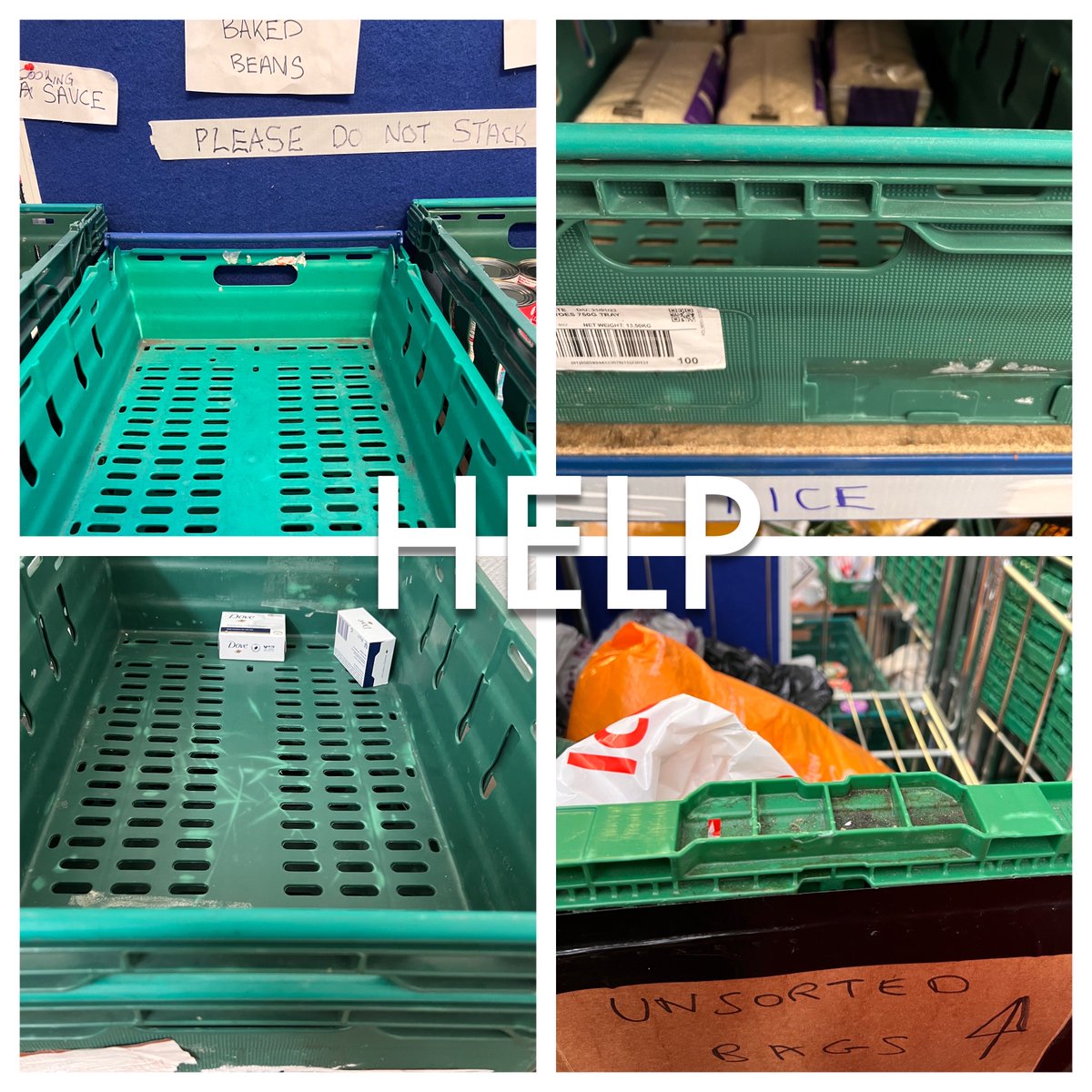 !!HELP!!

Next week we expect to feed 600+ people once again.

But 👀…

Have you ever known a food bank to run out of baked beans?
We only have 4 bags of rice.
We only have 2 bars of soap. We have no shower gel.

And we are down to our last few carrier bags.

#ThisWeekWeNeed