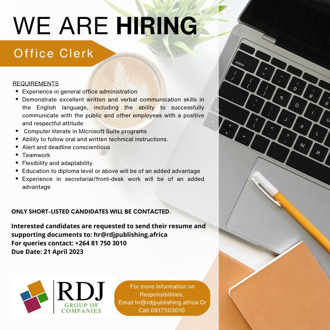 RDJ Publishing (Namibia) (@rdjpublishing) on Twitter photo WE ARE HIRING! | Are you looking for a new opportunity as an Office Clerk?
We are seeking a flexible and adaptable Office Clerk to join the team!
Please send your CV to hr@rdjpublishing.africa
Deadline for application: Friday, 21 April 2023 WE ARE HIRING! | Are you looking for a new opportunity as an Office Clerk?
We are seeking a flexible and adaptable Office Clerk to join the team!
Please send your CV to hr@rdjpublishing.africa
Deadline for application: Friday, 21 April 2023