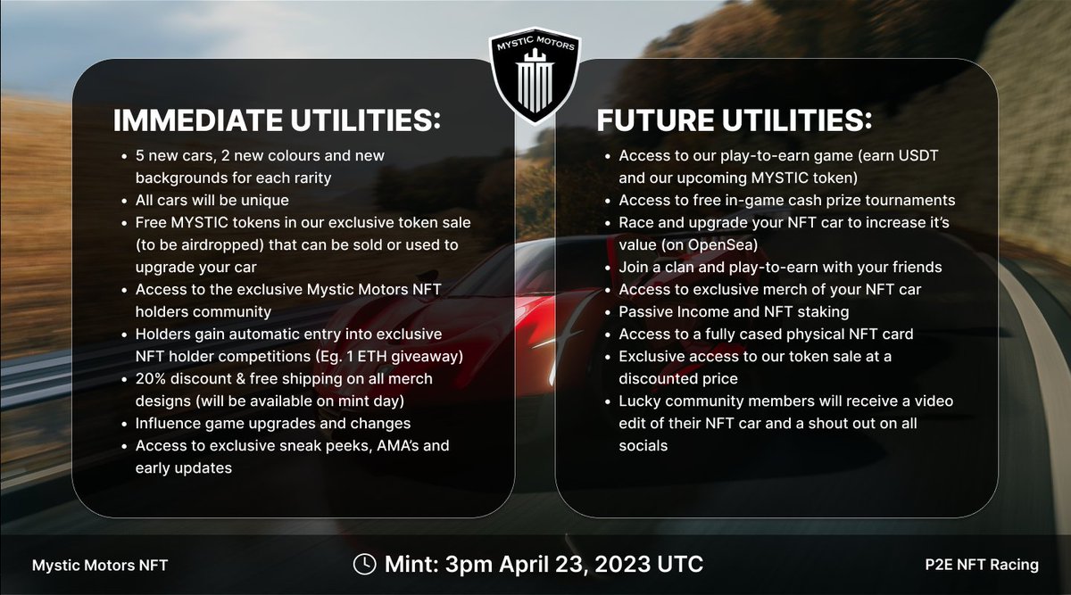 Hey Racers, we are almost 1 week out from mint! Hope everyone is ready 💎   

Check the graphic below to see the utilities associated with owning a Mystic Motors NFT car 🏎 

Like, RT and tag 3 friends for your chance of winning an Allowlist spot for our Phase 2 mint 🔥