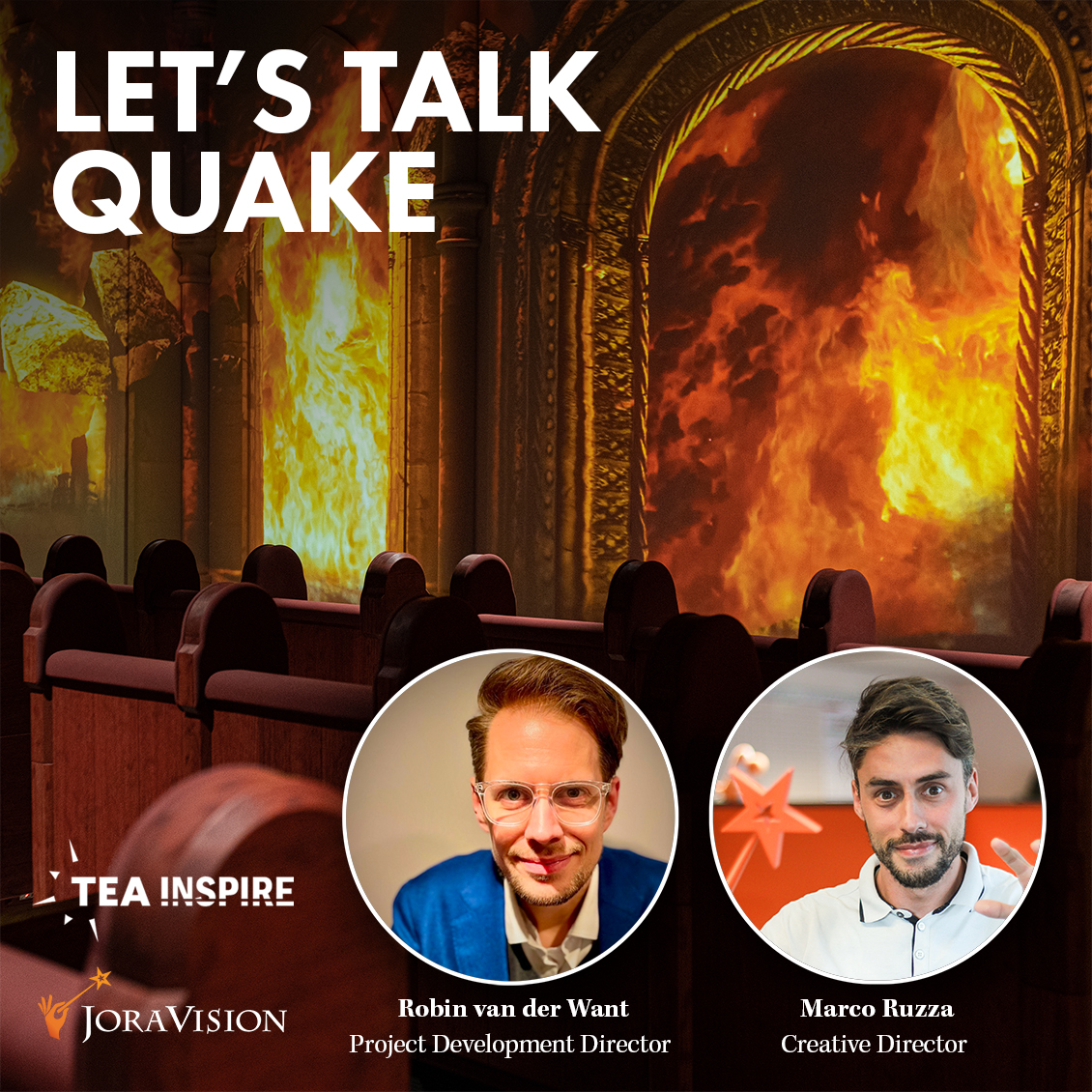JoraVision's tweet image. READY TO BE SHAKEN UP? 🇵🇹⛪️🔥😲
Today our colleagues Robin van der Want and Marco Ruzza are talking during the TEA Inspire about our Thea award recipient Quake. Make sure to attend and be “shaken up” by the incredible story how this unique  experience came to be. @TEA_Connect