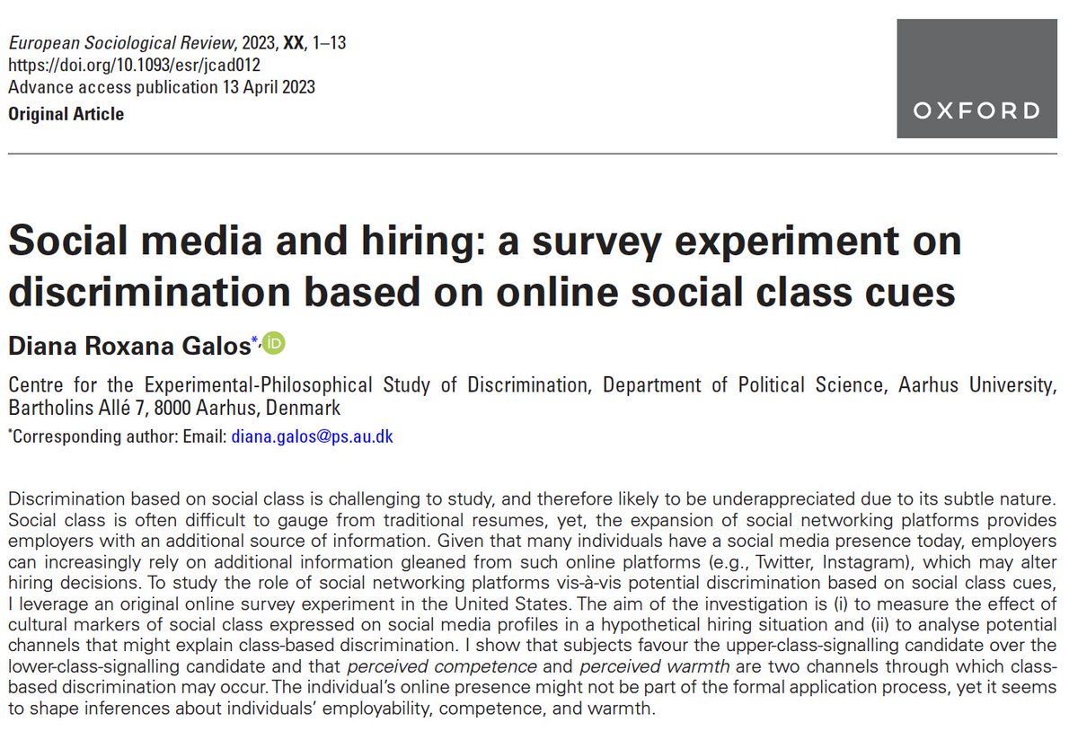 diana_galos's tweet image. 🚨In @ESR_news I provide experimental evidence of discrimination in hypothetical hiring based on social class cues from a social media Twitter profile🚨 

Individuals w. upper-class signals in their profile are preferred &amp;amp; seen as more competent and warm bit.ly/3mBRM5G🧵