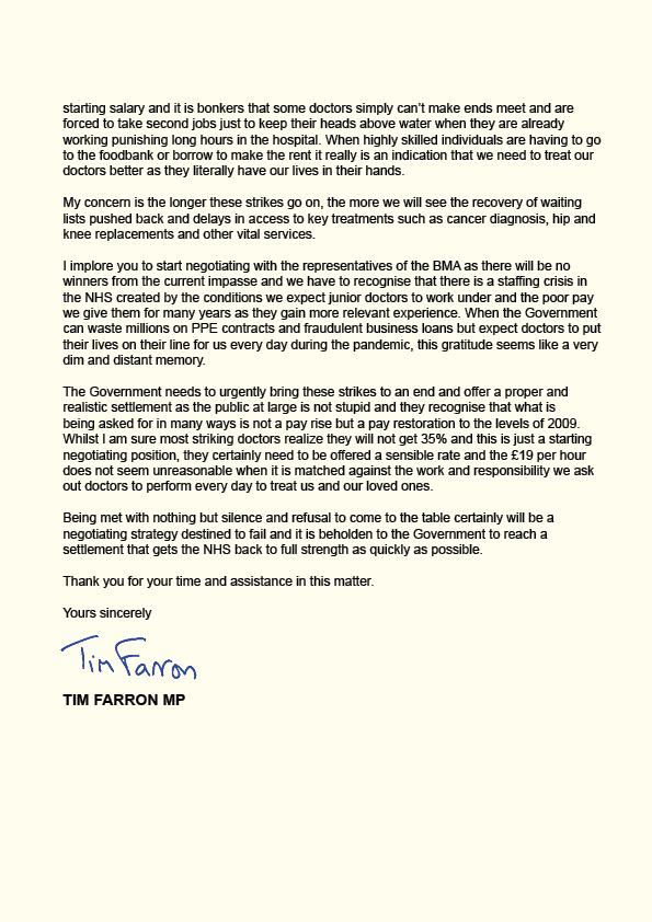 We have a staffing crisis in the NHS and yet the Government have foolishly decided to treat junior doctors as the enemy. 

We owe a massive debt to junior doctors who have been underpaid and undervalued by this Government for far too long.

My letter to the Health Secretary 👇