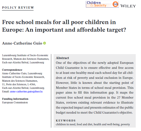 🆕 #OpenAccess article published in the journal: Children &amp; Society

📖"#Freeschoolmeals for all poor children in Europe: An important and affordable target?" by Anne-Catherine Guio of <a href="/LISERinLUX/">LISER</a>

🔗doi.org/10.1111/chso.1…

🙏 Work Supported by <a href="/EU_Social/">EU Social 🇪🇺</a> #EUChildGuarantee

1/3