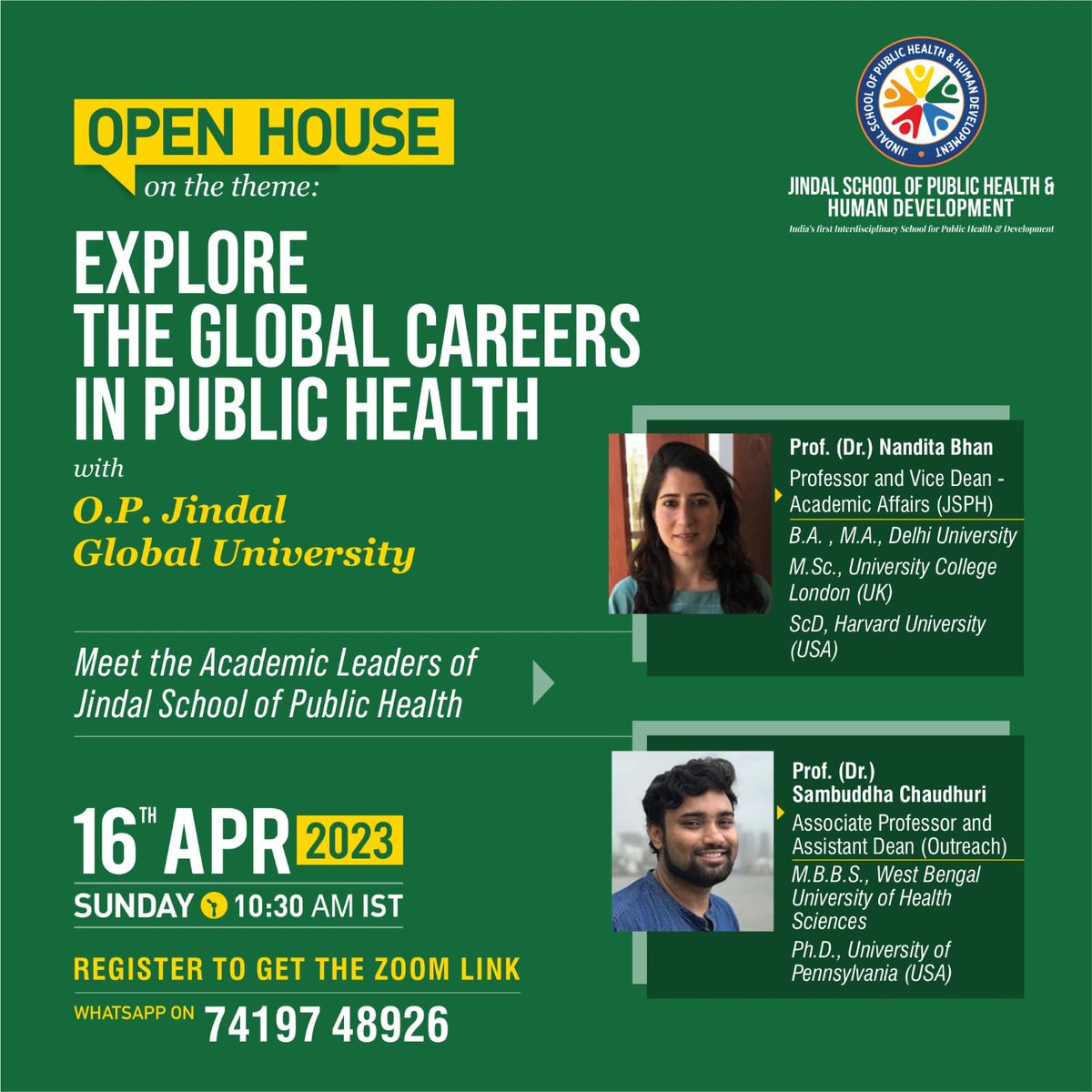 Greetings!
You are invited to Join us to interact with our globally acclaimed industry leaders and faculties from Jindal School of Public Health on 16th April, Sunday at 10:30 am. 
Register through the link below to secure your spot: lnkd.in/gP6i5Bu7
#publichealth #jgu