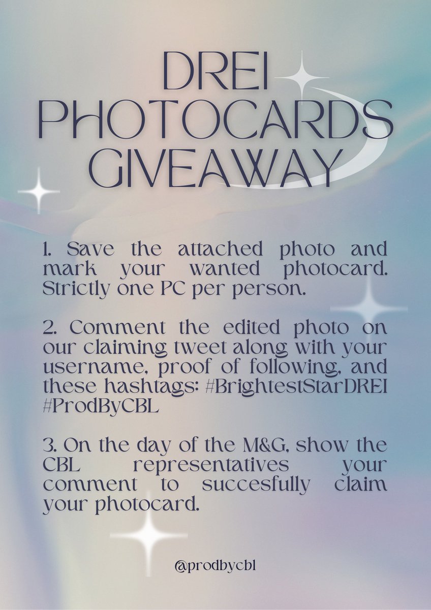 prodbycbl's tweet photo. 💜DREI PCS GIVEAWAY💜
CBL happily announce that we are giving away the remainder of our Drei PCs! Check out the photo for the steps :)
Notes:
- Applies to M&G attendees only!
- Must be following our account.
- Some PCs have minimal damages.
#ProdByCBL #BrightestStarDrei https://t.co/lSPGtf7z4s