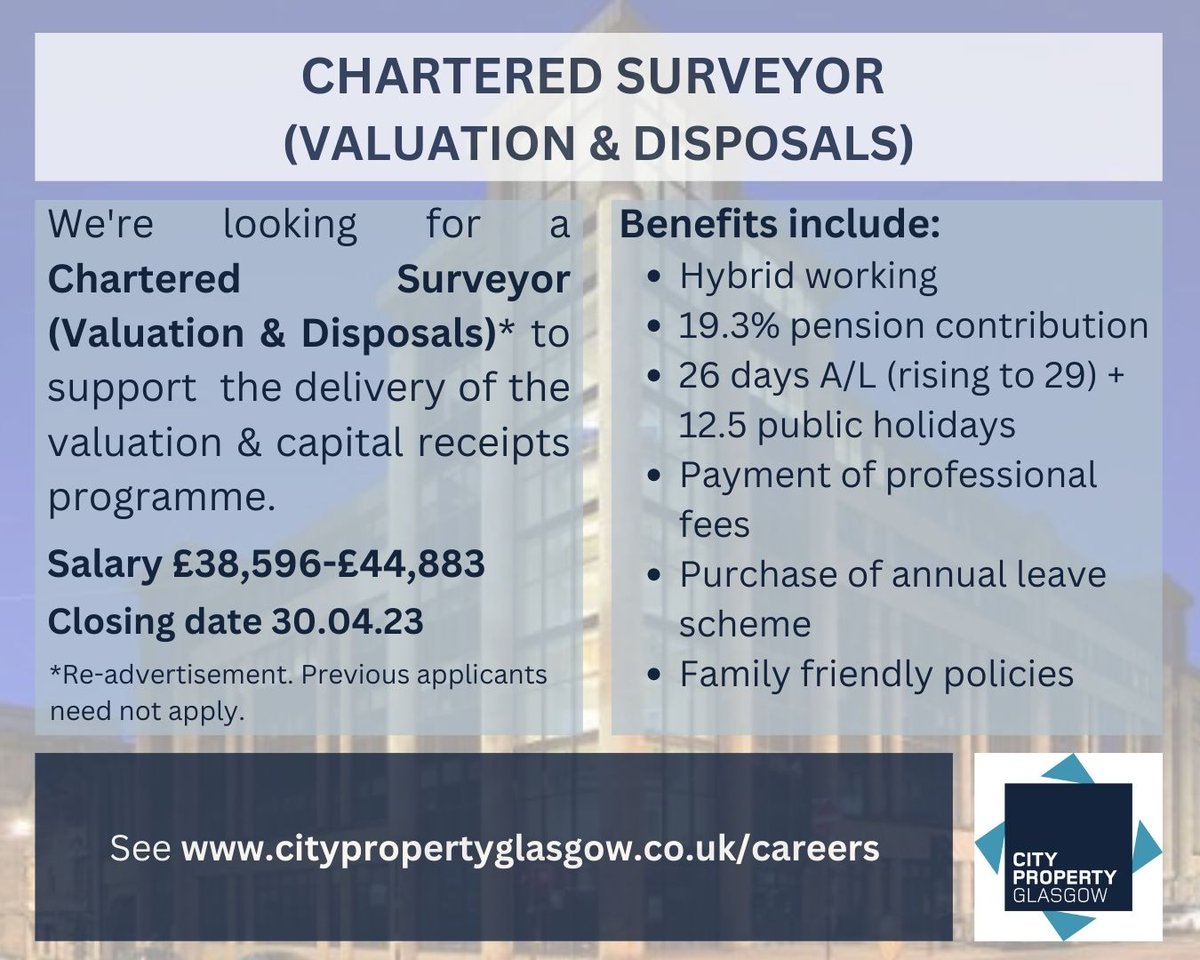 CityPropertyLLP's tweet photo. We're looking for a Chartered Surveyor (Valuation & Disposals) to support the delivery of the valuation and capital receipts programme. Details at https://t.co/b7V47Mm4k9
#Careers #Property #MRICS #RICS #Glasgow #GlasgowJobs #CareerOpportunity #Jobs #Surveyor #CharteredSurveyor https://t.co/GTser2SNgX