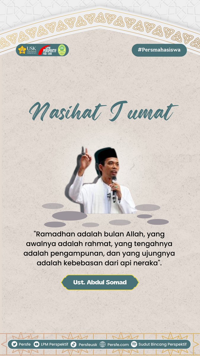 PersFE's tweet photo. Assalamualaikum semuanya ✨️

Memasuki penghujung Ramadhan di tahun ini banyak sekali manfaat yang dapat dirasakan oleh umat muslim yang bersungguh-sungguh dalam mencapai pengampunan dari sang ilahi di bulan suci yang penuh Rahmat.

#LPMPerspektif #Persma #FEB #USK https://t.co/6w4FL3Zh60