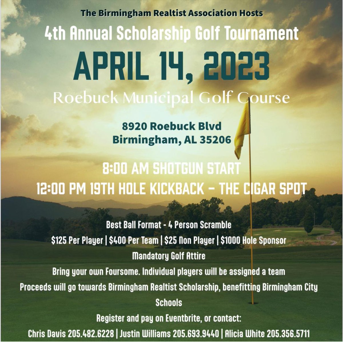 riskmanager205's tweet photo. ⛳️ Friday's Scholarship Golf Tournament/19th Hole Kickback at Roebuck Golf Course/The Cigar Spot. Tee time is 8 am. 

Individual players $125/4some Teams are $400. Please register prior to the tournament at Eventbrite. 

#democracyinhousing
#realtistweek https://t.co/agHY9srqXX