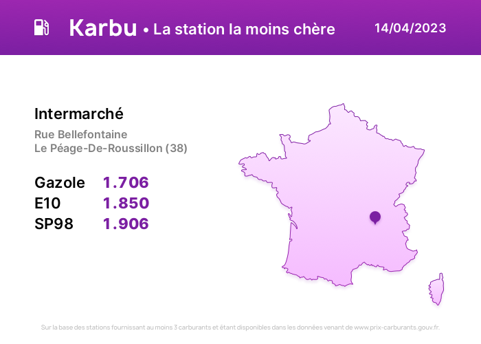 KarbuApp's tweet photo. La station la moins chère du jour est à Le Péage-De-Roussillon (38) !

Téléchargez Karbu pour Android: https://t.co/mYY1F7brqW
#essence #carburant #diesel #france #karbu #penuriecarburant https://t.co/ch3DgdUut5