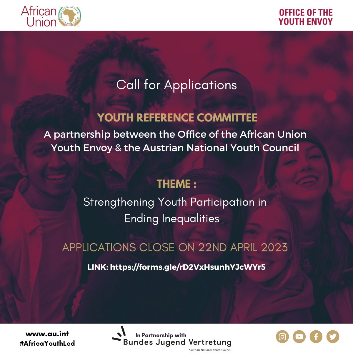 Are you passionate about ending inequalities and strengthening global participation? If so, we invite you to apply for our Youth Committee on Strengthening Global Youth Participation!

Follow this link to apply for the Youth Committee: au.int/en/announcemen…
