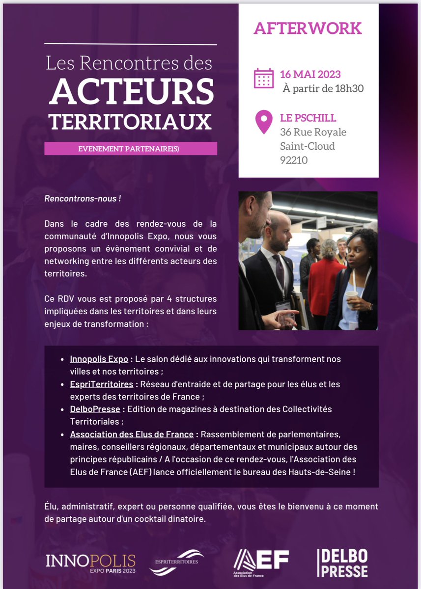 👉 « Les Rencontres des Acteurs Publics » 👈
RDV le mardi 16 mai prochain à partir de 18h 
📍 au PSCHILL, 36 Rue Royale, 92210 Saint-Cloud
🔗 inscrivez-vous : my.weezevent.com/les-rencontres…
Partenaires : <a href="/spriterritoires/">EspriTerritoires</a> | <a href="/InnopolisExpo/">InnopolisExpo</a> | @DelboPresse | <a href="/Elus_France/">Association des Élus de France</a>