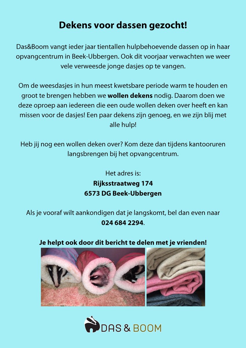 Binnenkort verwachten we weer jonge weesdasjes in onze opvang. Heb je nog een oude wollen deken over? De dassen kunnen hem goed gebruiken!